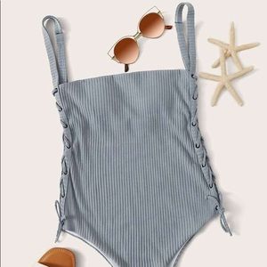 Textured Lace-Up Side One Piece Swimsuit